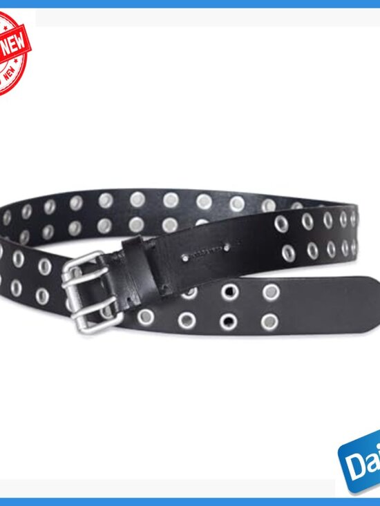 Adjustable Leather Belt with Metal Buckle and Eyelet Studs